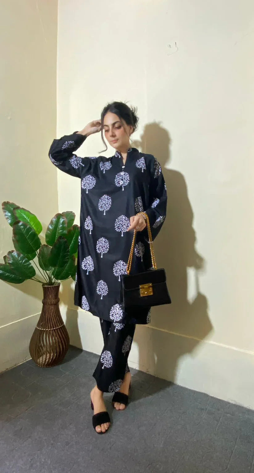 2 Pc Tree Design Beautiful Printed Shirt + Trouser (black)