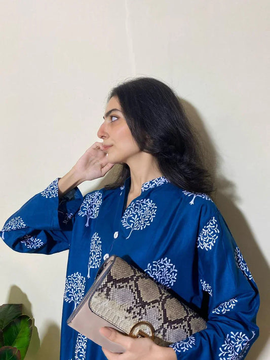 2 Pc Tree Design Beautiful Printed Shirt + Trouser (Blue)