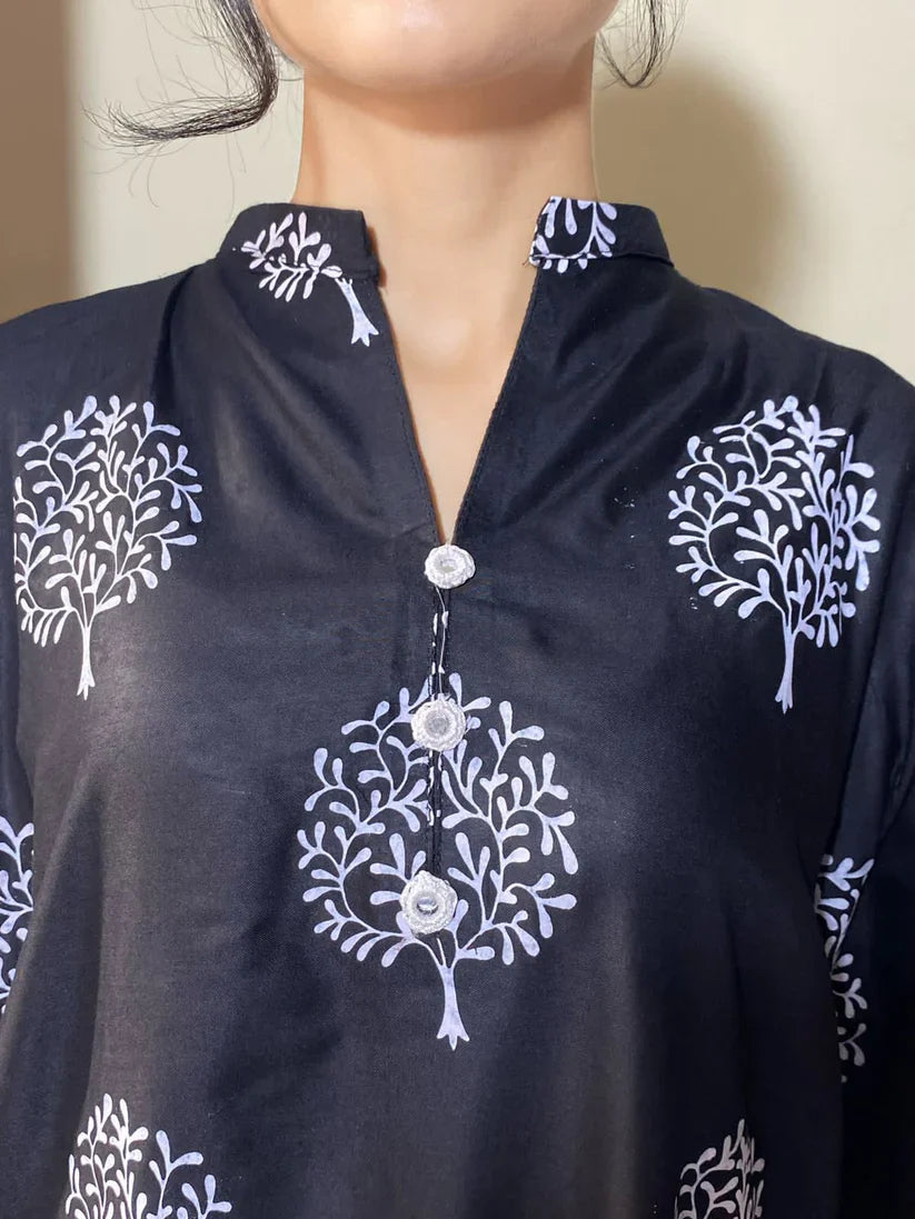 2 Pc Tree Design Beautiful Printed Shirt + Trouser (black)